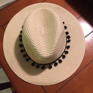 Rachel Zoe Tan Hat with Black Pom-Pom Trim
